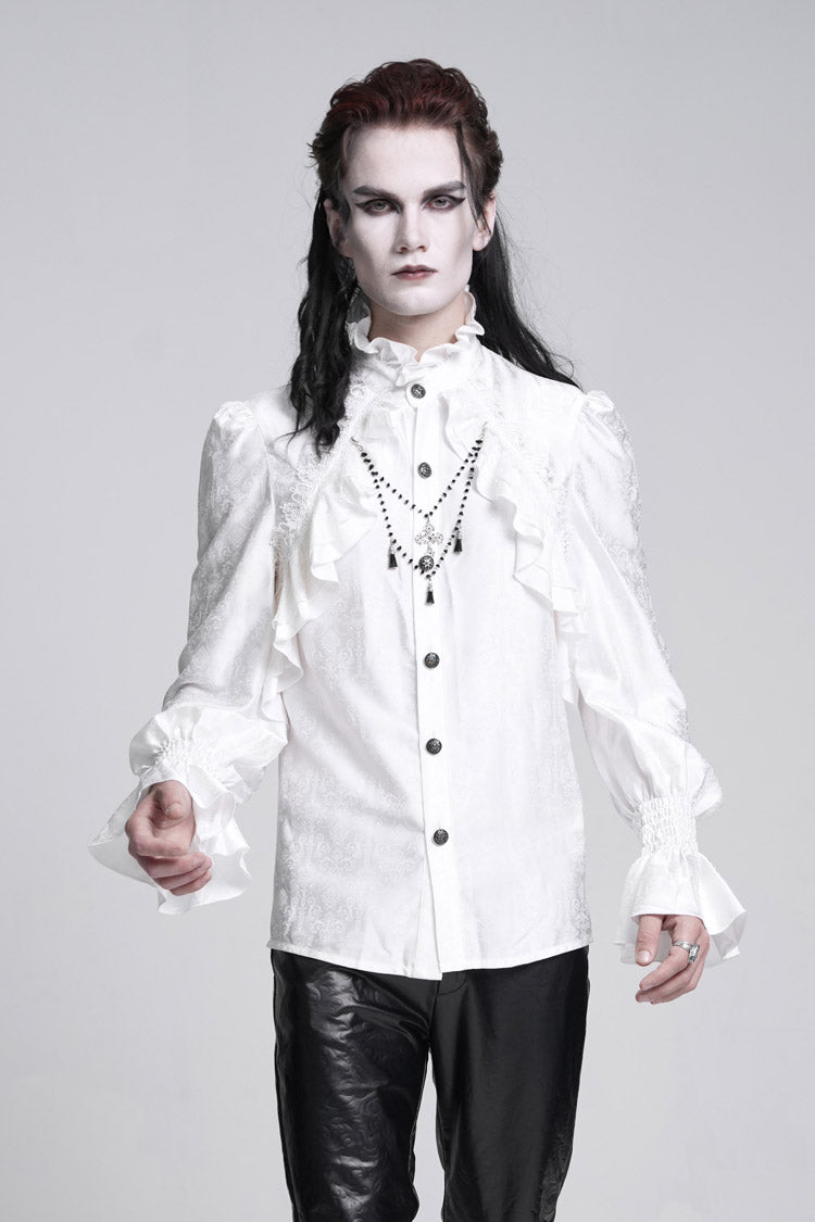 Gothic Lolita Blouse - Stand Collar Ruffle Lace, White, Stand Collar, Men's Style - additional product view 6