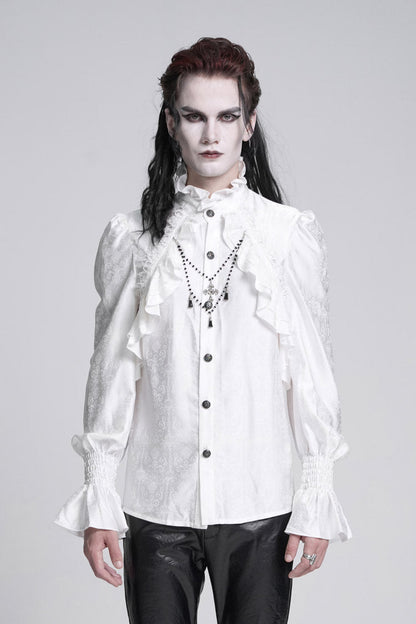Gothic Lolita Blouse - Stand Collar Ruffle Lace, White, Stand Collar, Men's Style - main product image