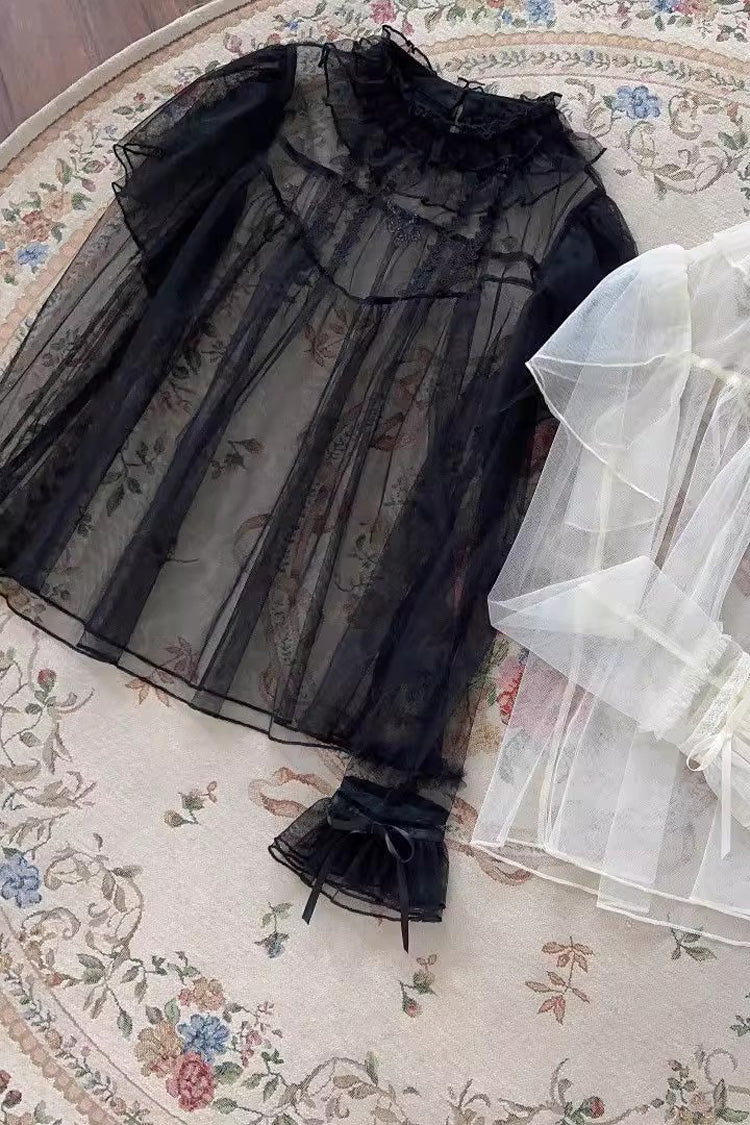 Gothic Lolita Blouse - Stand Collar Ruffle Sheer, 2 Colors, Stand Collar, Lace Trim - additional product view 3