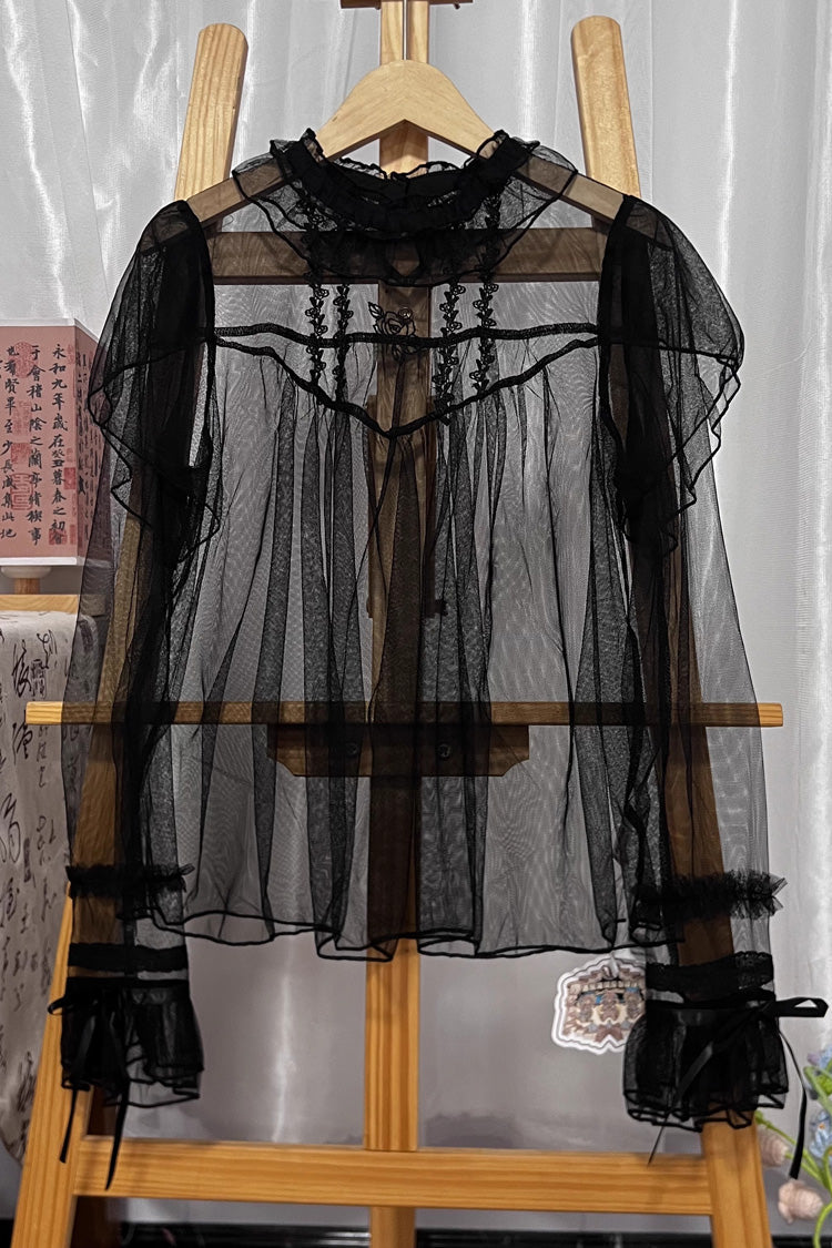 Gothic Lolita Blouse - Stand Collar Ruffle Sheer, 2 Colors, Stand Collar, Lace Trim - main product image