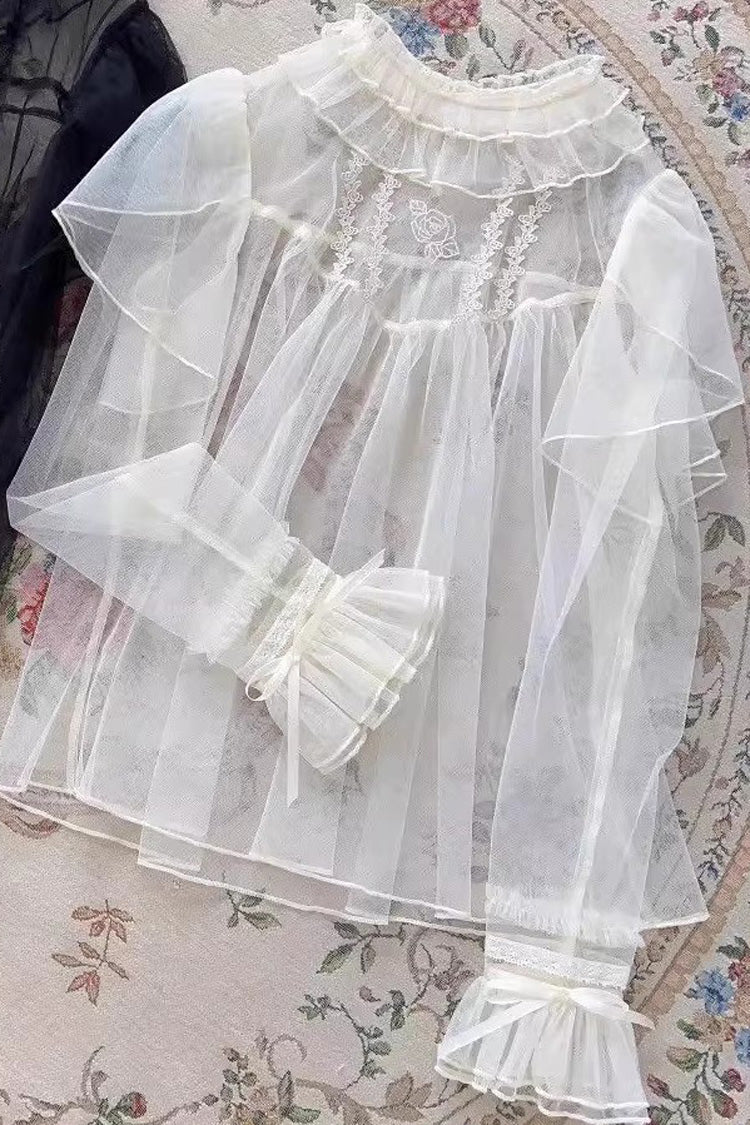 Gothic Lolita Blouse - Stand Collar Ruffle Sheer, 2 Colors, Stand Collar, Lace Trim - S White / M White / L White option