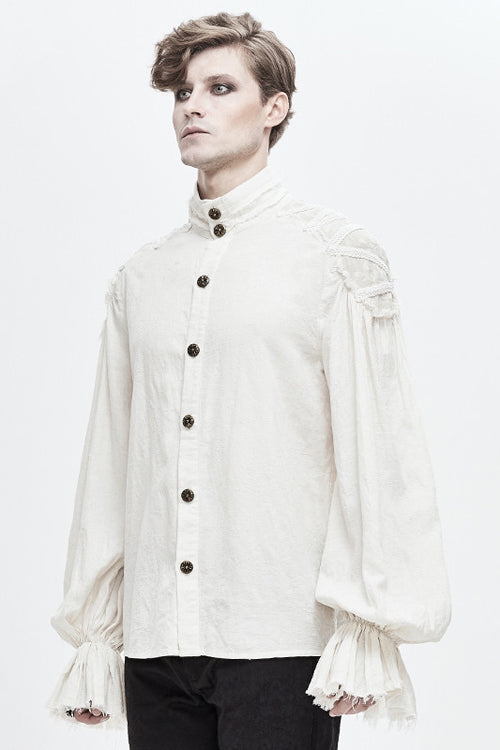 Gothic Lolita Blouse - Straight Collar Puff Sleeve, White, Puff Sleeves, Buckle Detail - additional product view 2
