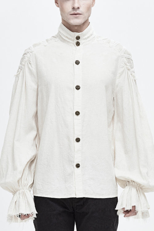 Gothic Lolita Blouse - Straight Collar Puff Sleeve, White, Puff Sleeves, Buckle Detail - main product image
