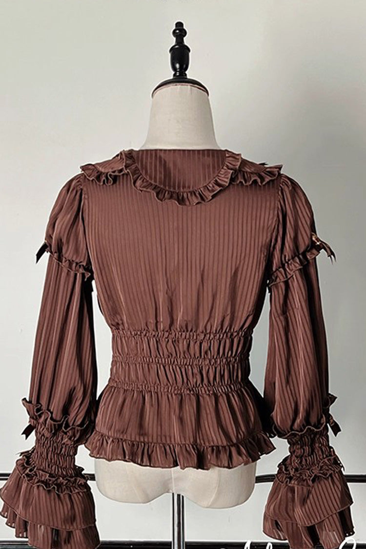 Gothic Lolita Blouse - Teddy Bear Chocolate, 3 Colors, Striped, Sweet Style, Bow Detail - additional product view 3
