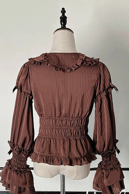 Gothic Lolita Blouse - Teddy Bear Chocolate, 3 Colors, Striped, Sweet Style, Bow Detail - additional product view 3