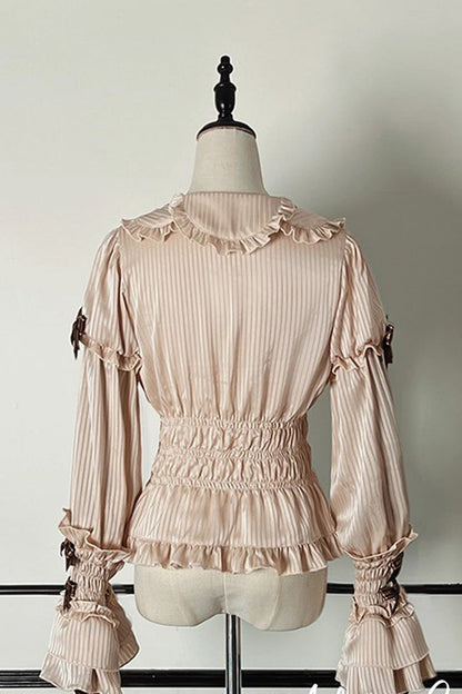 Gothic Lolita Blouse - Teddy Bear Chocolate, 3 Colors, Striped, Sweet Style, Bow Detail - additional product view 4