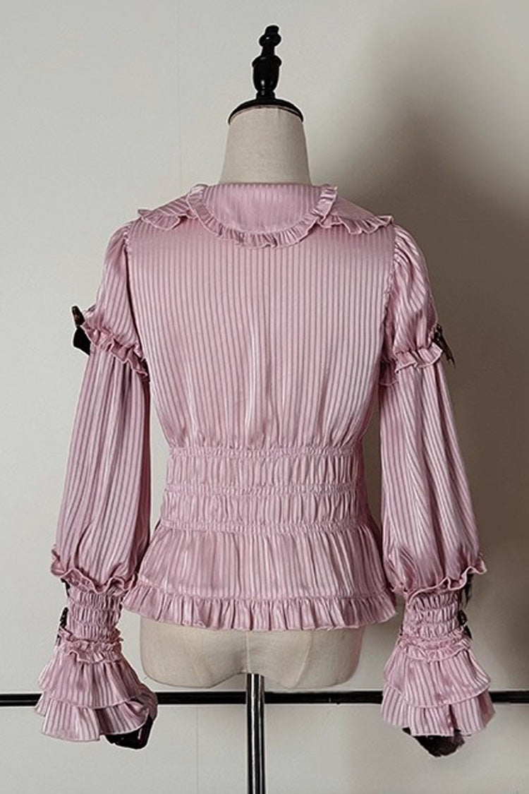 Gothic Lolita Blouse - Teddy Bear Chocolate, 3 Colors, Striped, Sweet Style, Bow Detail - additional product view 6