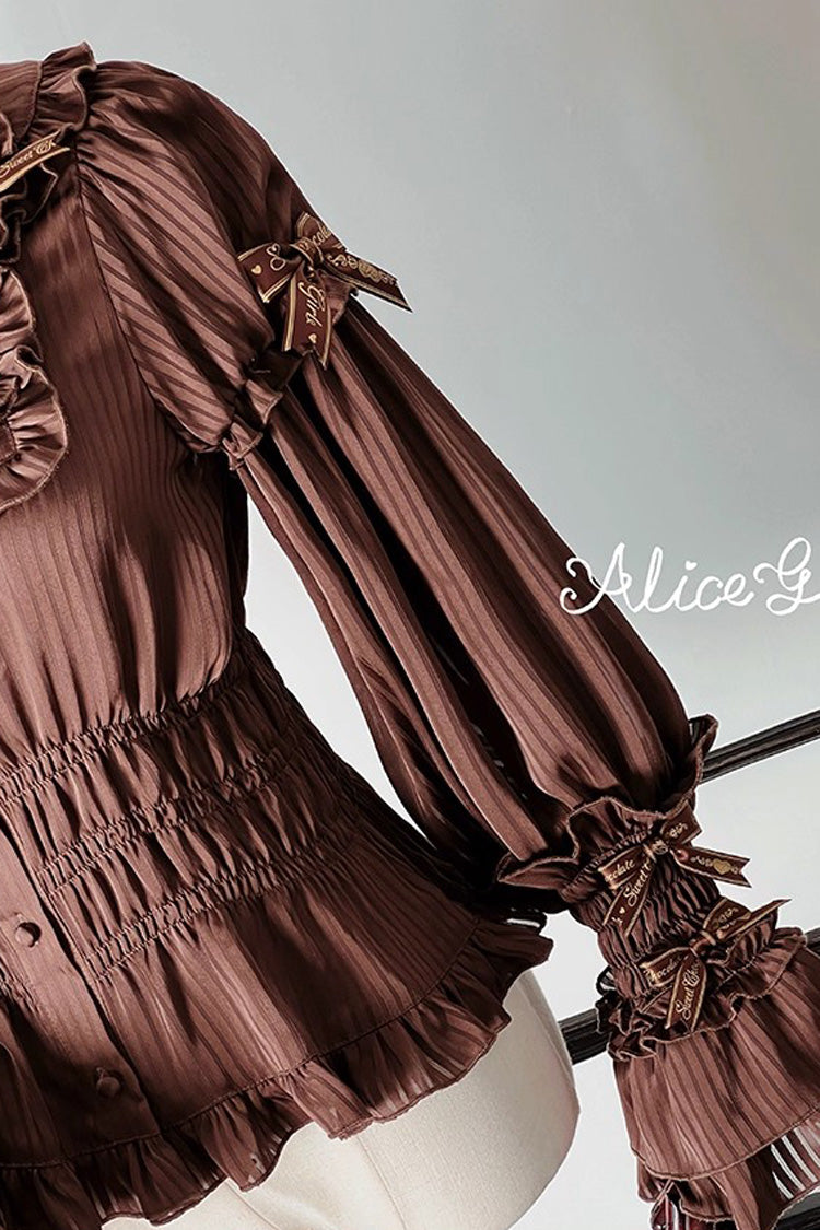 Gothic Lolita Blouse - Teddy Bear Chocolate, 3 Colors, Striped, Sweet Style, Bow Detail - additional product view 12