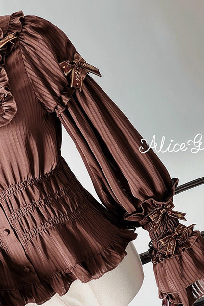 Gothic Lolita Blouse - Teddy Bear Chocolate, 3 Colors, Striped, Sweet Style, Bow Detail - additional product view 12
