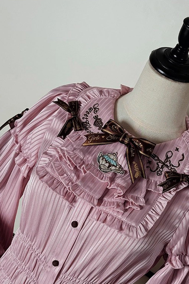 Gothic Lolita Blouse - Teddy Bear Chocolate, 3 Colors, Striped, Sweet Style, Bow Detail - additional product view 13