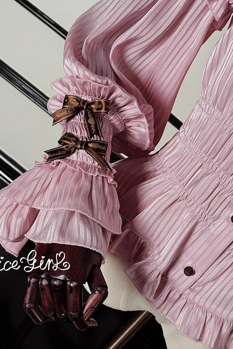 Gothic Lolita Blouse - Teddy Bear Chocolate, 3 Colors, Striped, Sweet Style, Bow Detail - additional product view 14