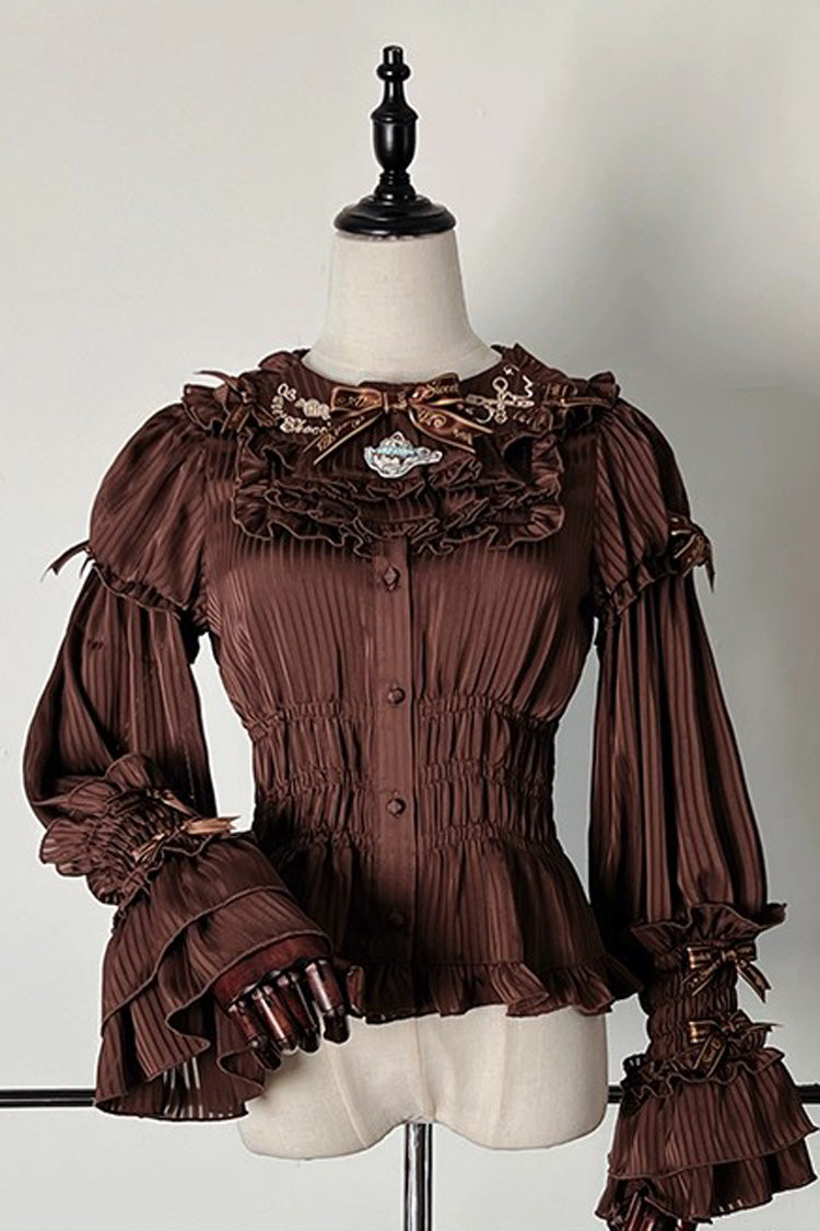 Gothic Lolita Blouse - Teddy Bear Chocolate, 3 Colors, Striped, Sweet Style, Bow Detail - main product image