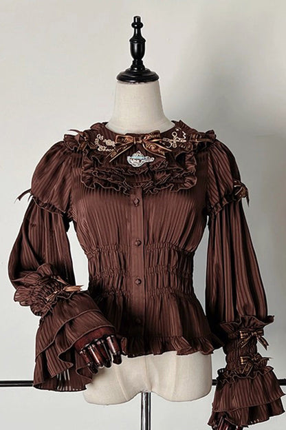 Gothic Lolita Blouse - Teddy Bear Chocolate, 3 Colors, Striped, Sweet Style, Bow Detail - main product image