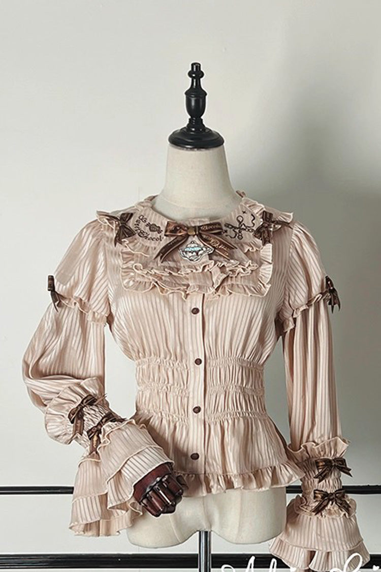 Gothic Lolita Blouse - Teddy Bear Chocolate, 3 Colors, Striped, Sweet Style, Bow Detail - XS Milk Tea / S Milk Tea / M Milk Tea option