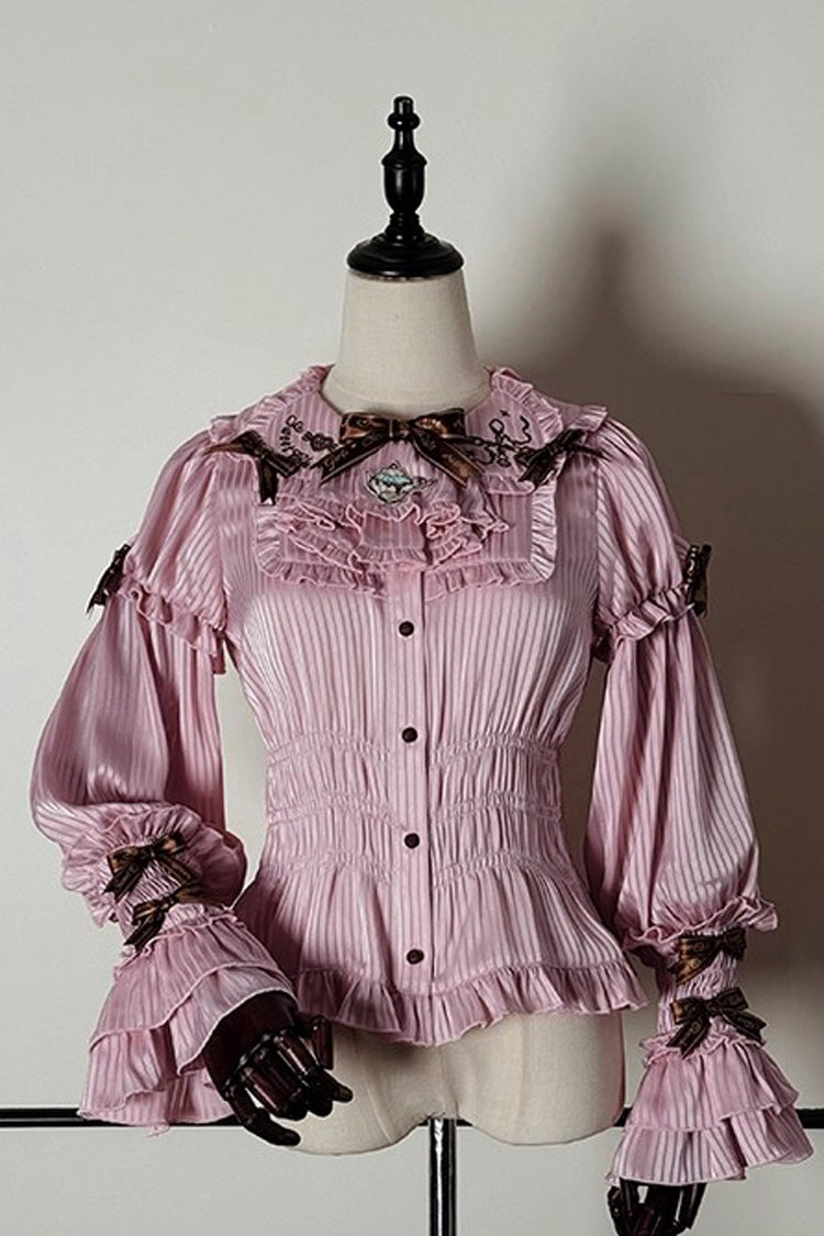 Gothic Lolita Blouse - Teddy Bear Chocolate, 3 Colors, Striped, Sweet Style, Bow Detail - XS Pink / S Pink / M Pink option