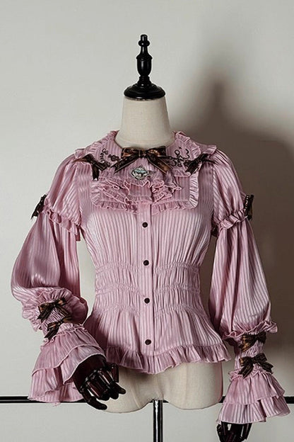 Gothic Lolita Blouse - Teddy Bear Chocolate, 3 Colors, Striped, Sweet Style, Bow Detail - XS Pink / S Pink / M Pink option