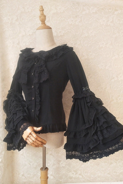 Gothic Lolita Blouse - Trumpet Hime Ruffle Bowknot, 2 Colors, Bow Detail, Lace Trim - additional product view 7
