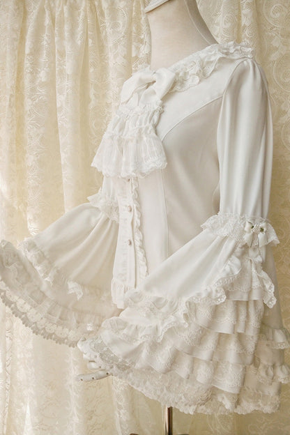 Gothic Lolita Blouse - Trumpet Hime Ruffle Bowknot, 2 Colors, Bow Detail, Lace Trim - main product image