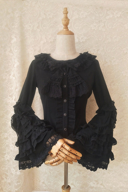 Gothic Lolita Blouse - Trumpet Hime Ruffle Bowknot, 2 Colors, Bow Detail, Lace Trim - XS Black / S Black / M Black option