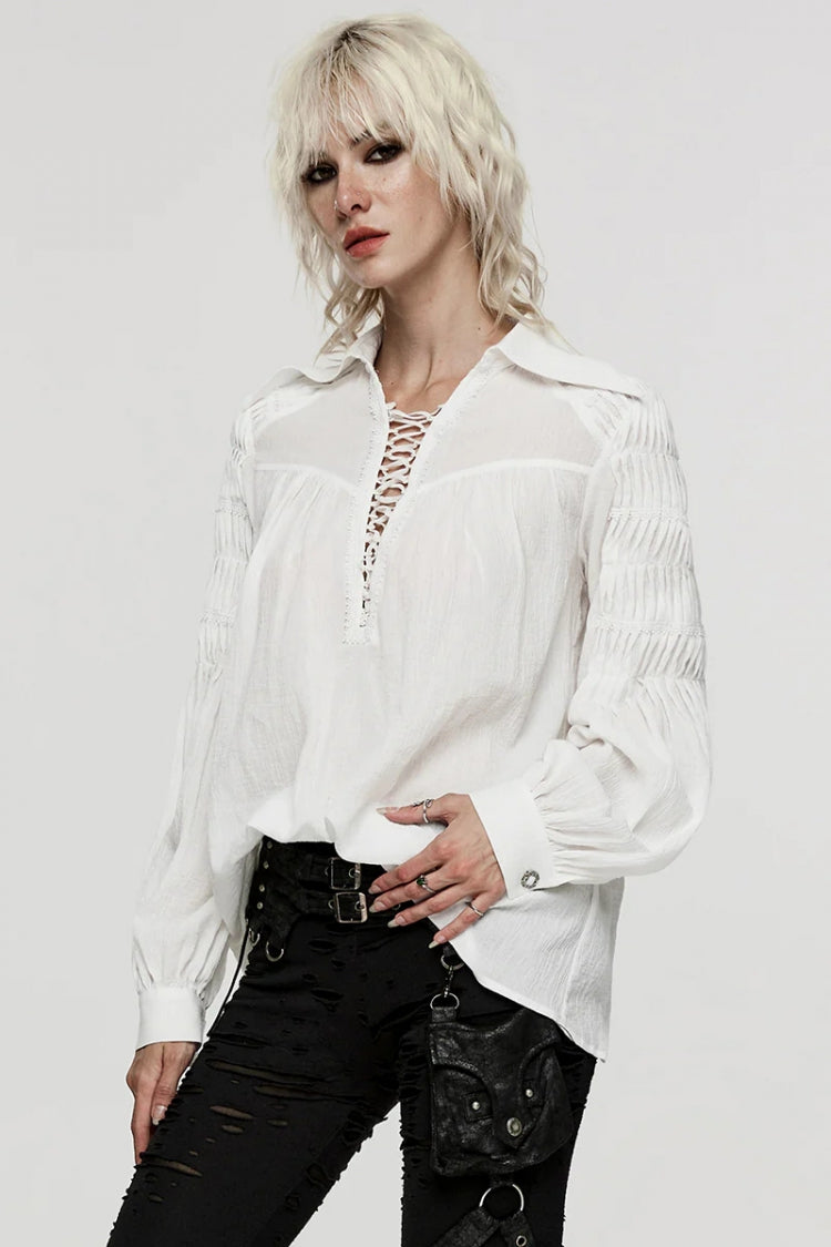 Gothic Lolita Blouse - Turn-down Collar Lace Ruched, 2 Colors, Women's Style, Long Sleeves - additional product view 3