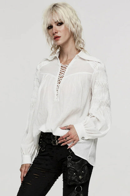 Gothic Lolita Blouse - Turn-down Collar Lace Ruched, 2 Colors, Women's Style, Long Sleeves - additional product view 3