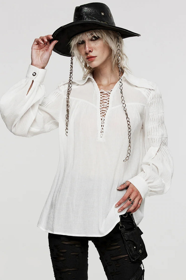Gothic Lolita Blouse - Turn-down Collar Lace Ruched, 2 Colors, Women's Style, Long Sleeves - additional product view 4