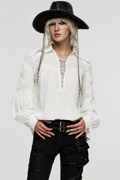 Gothic Lolita Blouse - Turn-down Collar Lace Ruched, 2 Colors, Women's Style, Long Sleeves - additional product view 5