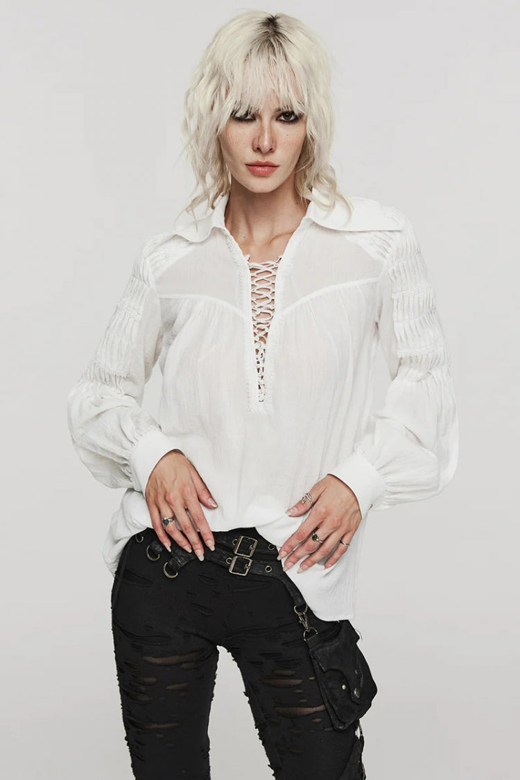 Gothic Lolita Blouse - Turn-down Collar Lace Ruched, 2 Colors, Women's Style, Long Sleeves - additional product view 6