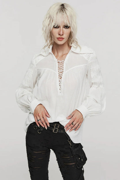 Gothic Lolita Blouse - Turn-down Collar Lace Ruched, 2 Colors, Women's Style, Long Sleeves - additional product view 6