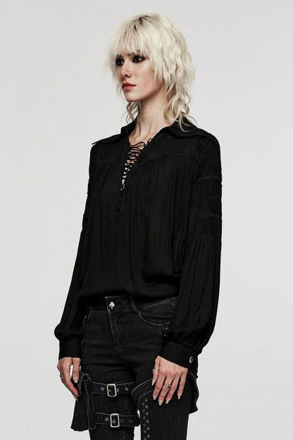 Gothic Lolita Blouse - Turn-down Collar Lace Ruched, 2 Colors, Women's Style, Long Sleeves - additional product view 11