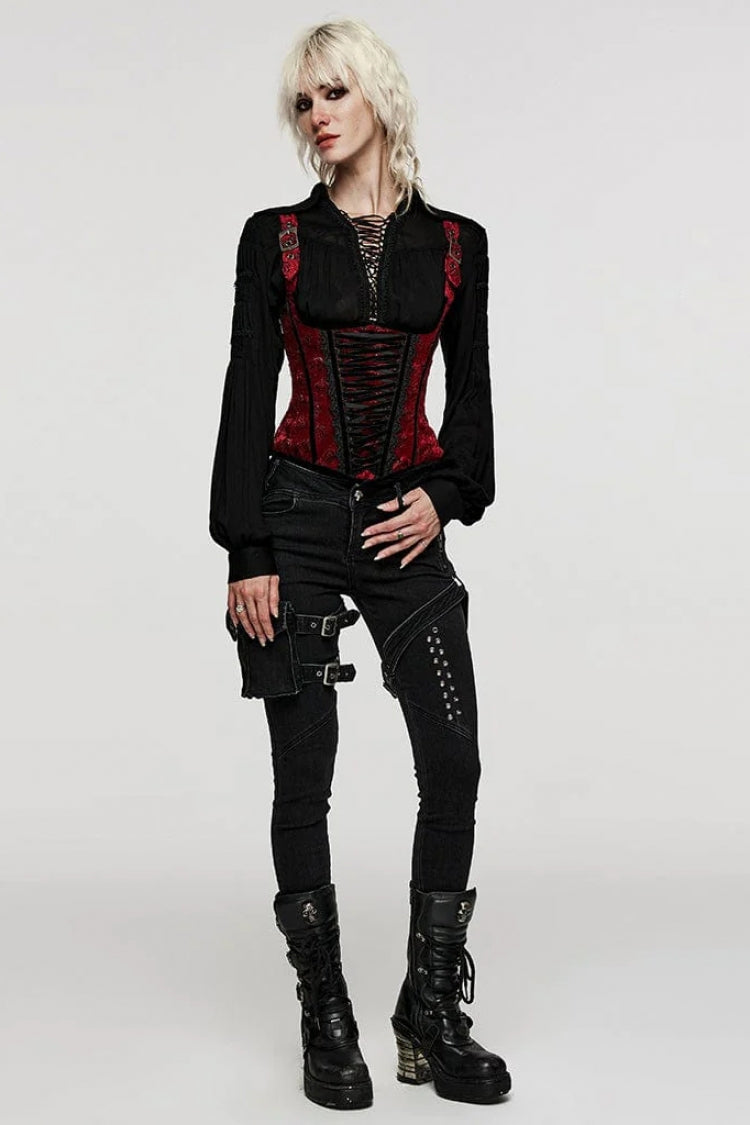 Gothic Lolita Blouse - Turn-down Collar Lace Ruched, 2 Colors, Women's Style, Long Sleeves - additional product view 13
