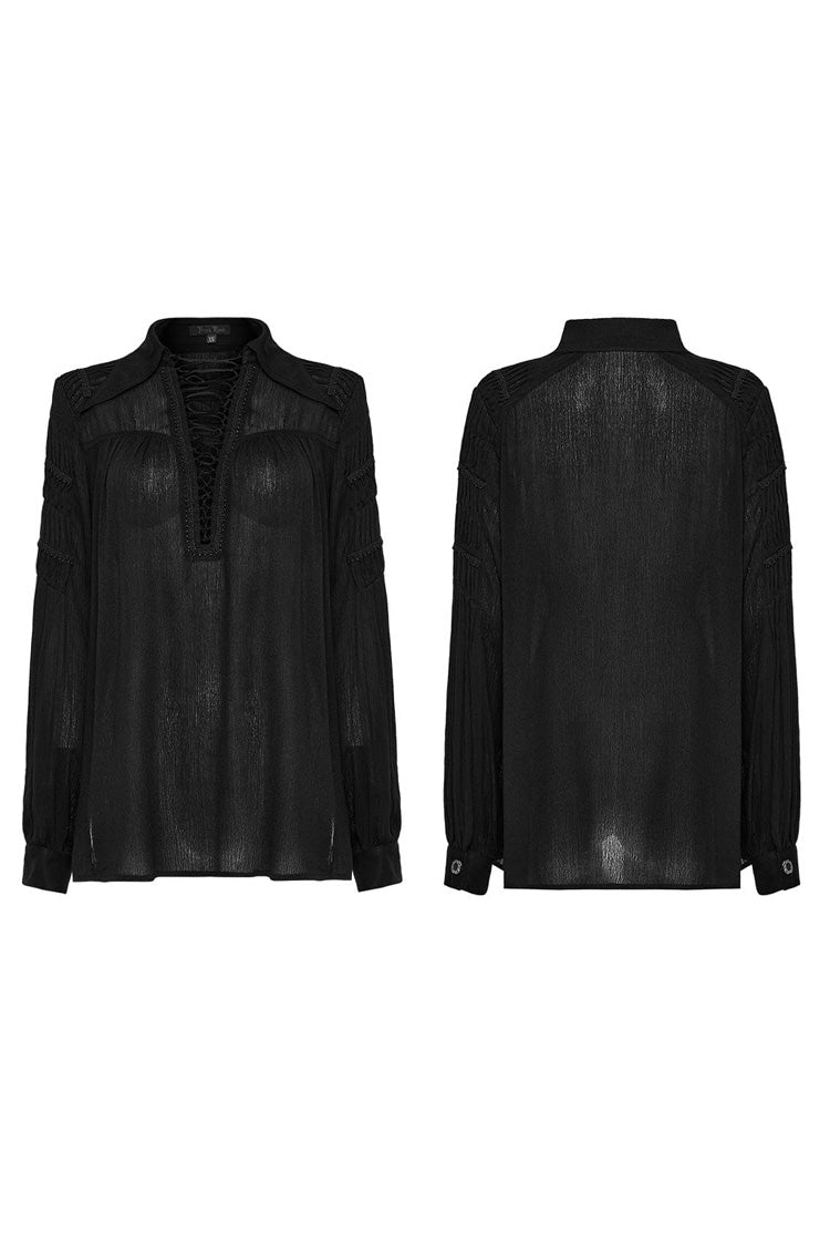 Gothic Lolita Blouse - Turn-down Collar Lace Ruched, 2 Colors, Women's Style, Long Sleeves - additional product view 15