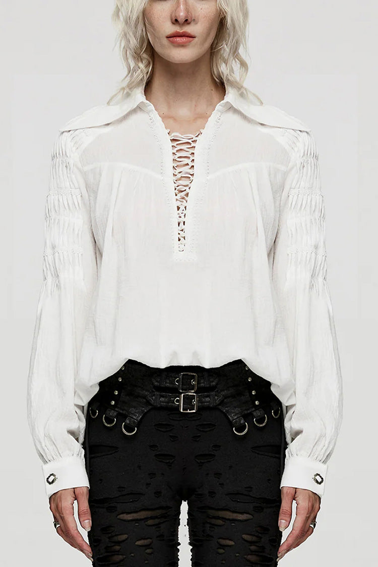 Gothic Lolita Blouse - Turn-down Collar Lace Ruched, 2 Colors, Women's Style, Long Sleeves - main product image