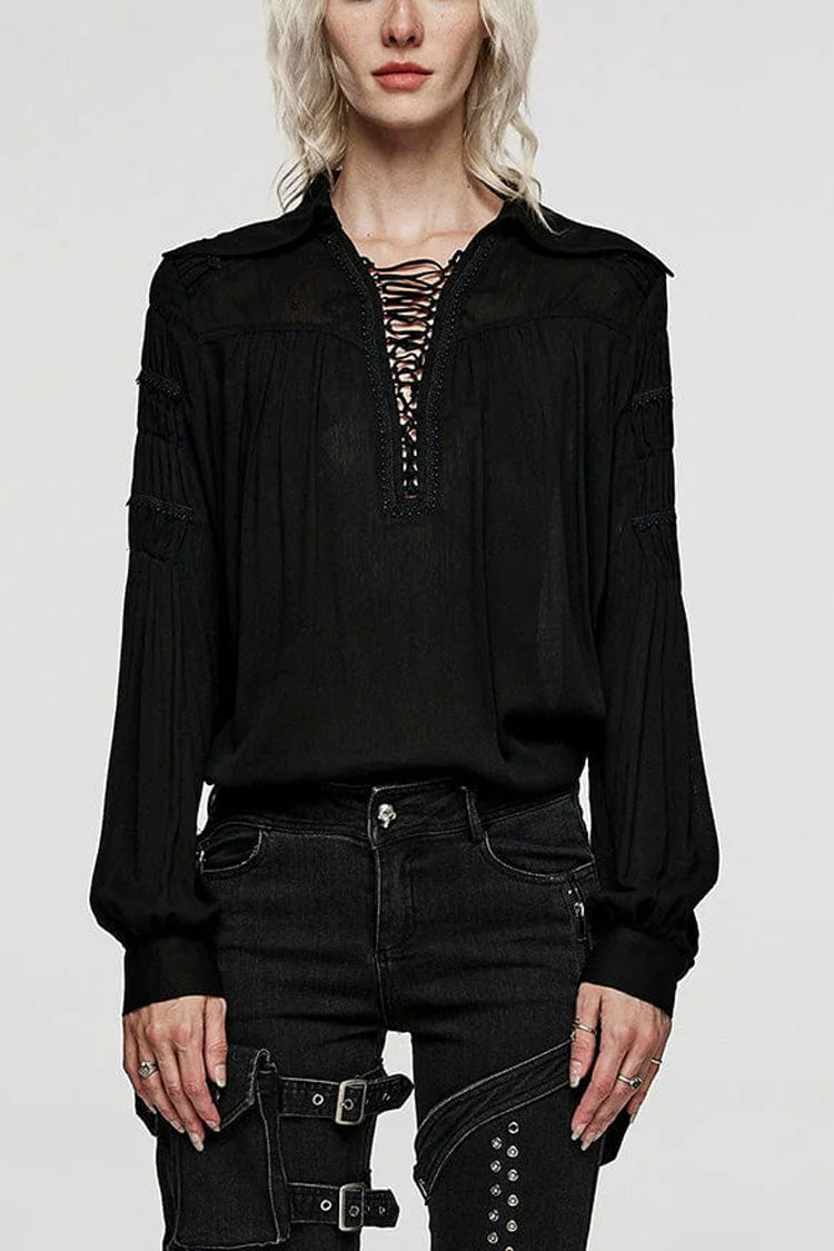 Gothic Lolita Blouse - Turn-down Collar Lace Ruched, 2 Colors, Women's Style, Long Sleeves - S Black / L Black / 2XL Black option