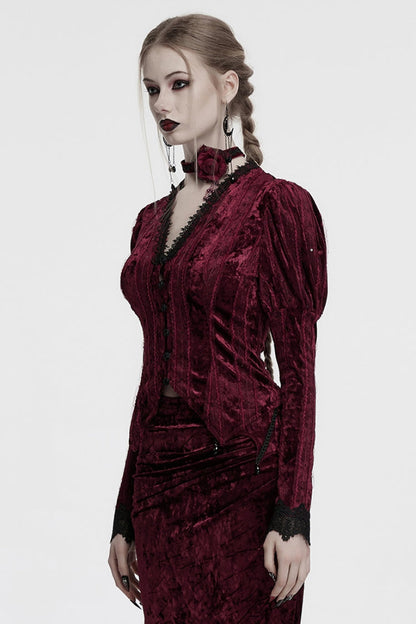 Gothic Lolita Blouse - V Collar Puff, Red, Puff Sleeves, Women's Style, Long Sleeves - additional product view 2