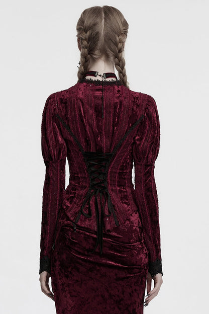 Gothic Lolita Blouse - V Collar Puff, Red, Puff Sleeves, Women's Style, Long Sleeves - additional product view 3