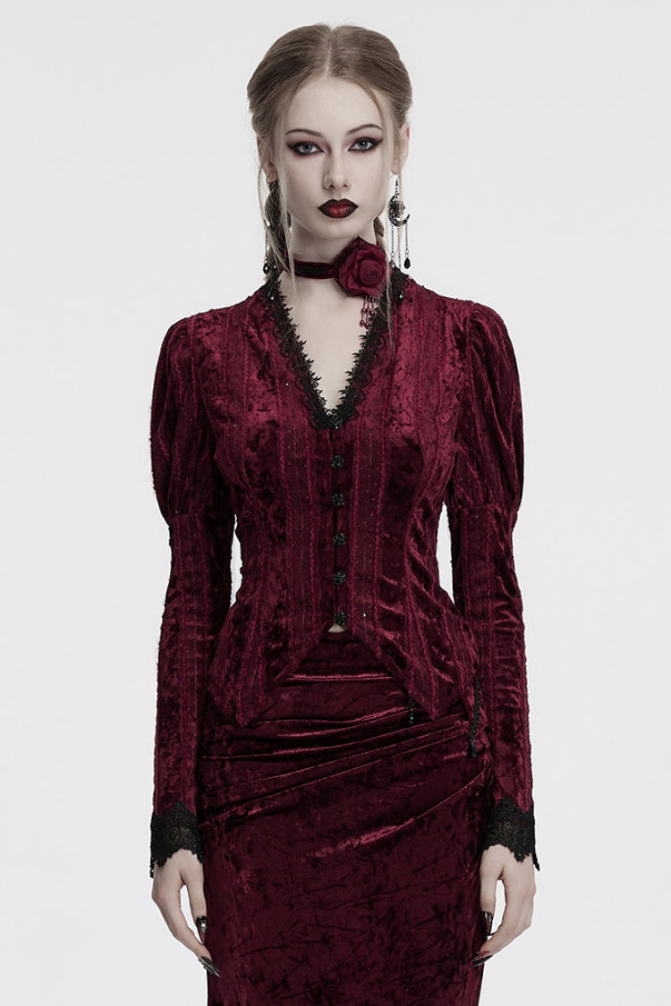 Gothic Lolita Blouse - V Collar Puff, Red, Puff Sleeves, Women's Style, Long Sleeves - main product image