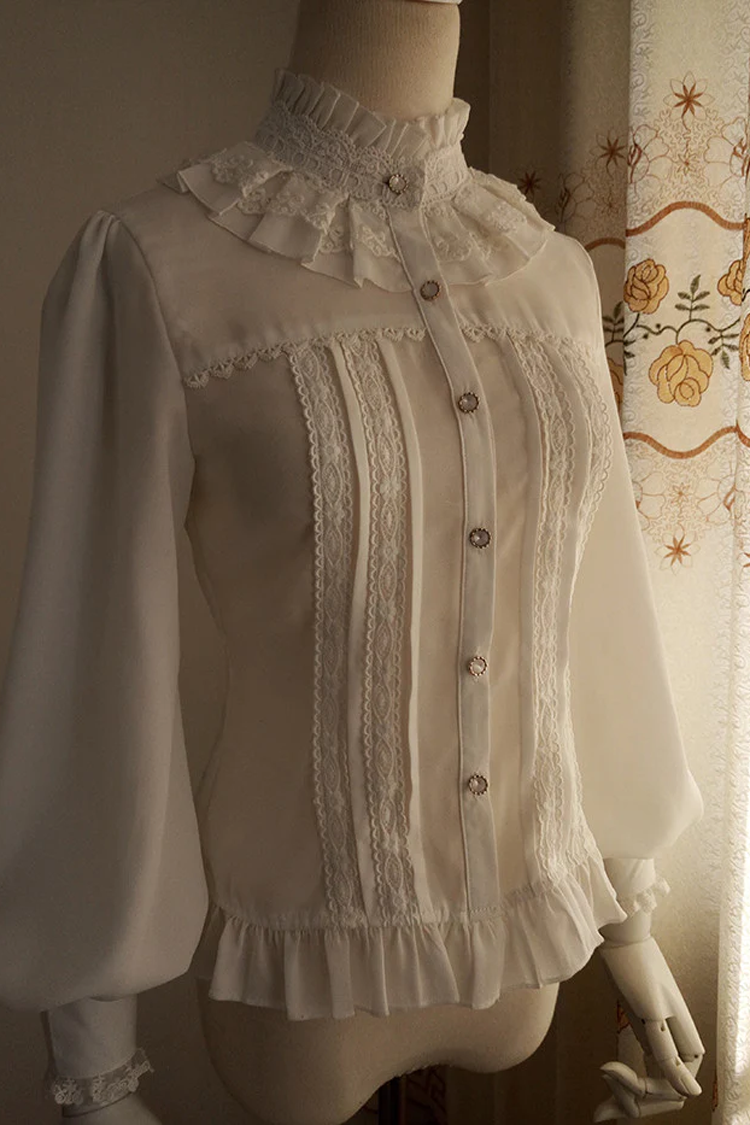 Gothic Lolita Blouse - Vintage Princess Stand Collar, 3 Colors, Stand Collar, Lace Trim - additional product view 3