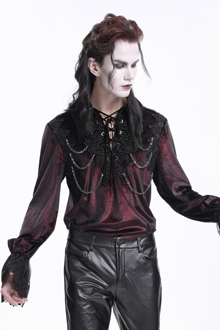 Gothic Lolita Blouse - Wine Red V Collar, Red, Men's Style, Lace Trim, Lace-Up - additional product view 2