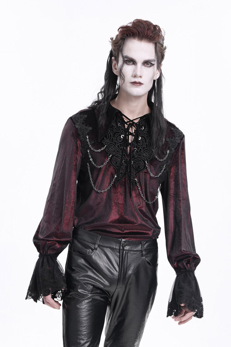 Gothic Lolita Blouse - Wine Red V Collar, Red, Men's Style, Lace Trim, Lace-Up - additional product view 3
