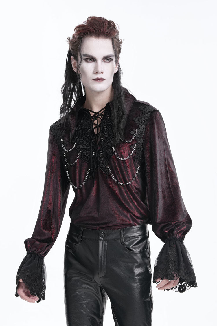Gothic Lolita Blouse - Wine Red V Collar, Red, Men's Style, Lace Trim, Lace-Up - additional product view 4