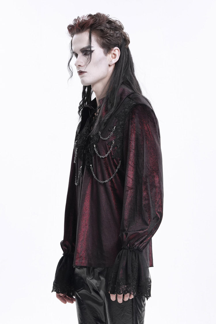 Gothic Lolita Blouse - Wine Red V Collar, Red, Men's Style, Lace Trim, Lace-Up - additional product view 5