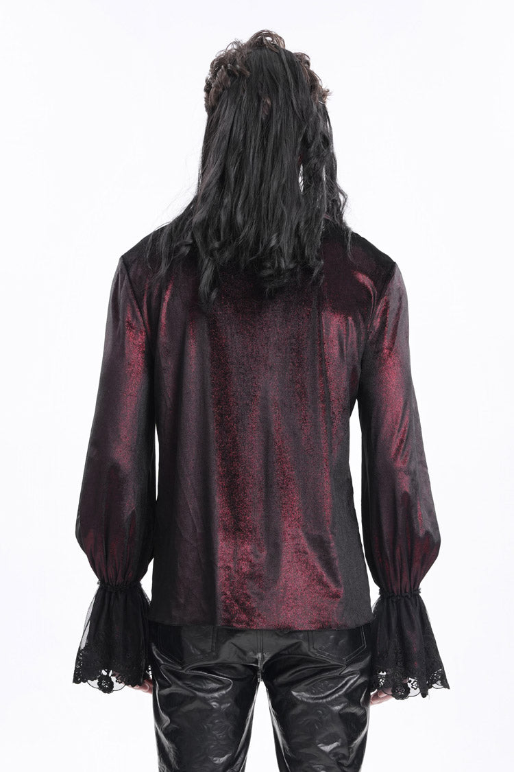 Gothic Lolita Blouse - Wine Red V Collar, Red, Men's Style, Lace Trim, Lace-Up - additional product view 6