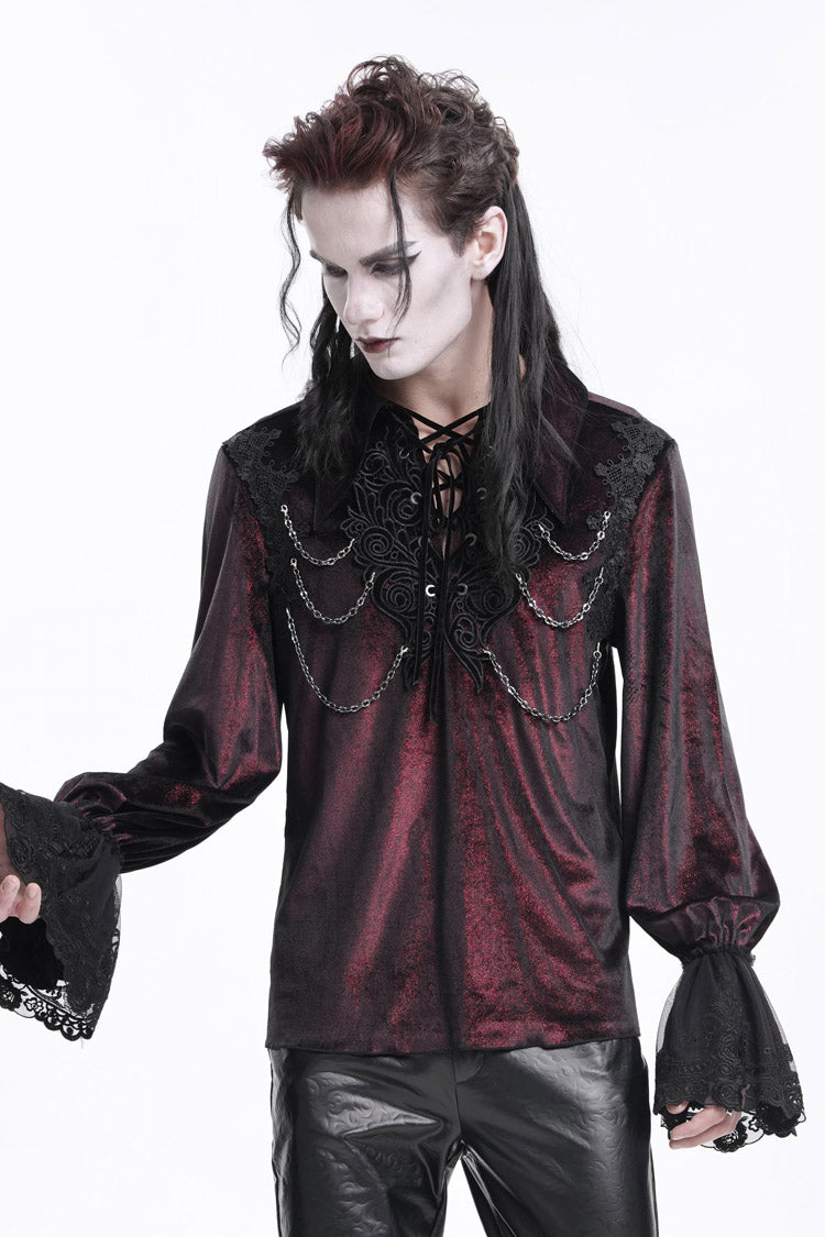 Gothic Lolita Blouse - Wine Red V Collar, Red, Men's Style, Lace Trim, Lace-Up - additional product view 7