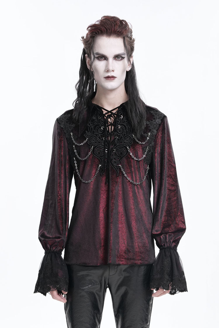 Gothic Lolita Blouse - Wine Red V Collar, Red, Men's Style, Lace Trim, Lace-Up - main product image