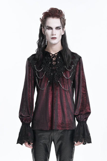 Gothic Lolita Blouse - Wine Red V Collar, Red, Men's Style, Lace Trim, Lace-Up - main product image