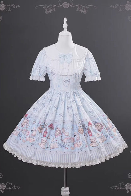 Gothic Lolita Dress - Alice’s Fantasy Tale, Blue, Bow Detail, Printed, Sweet Style - additional product view 3