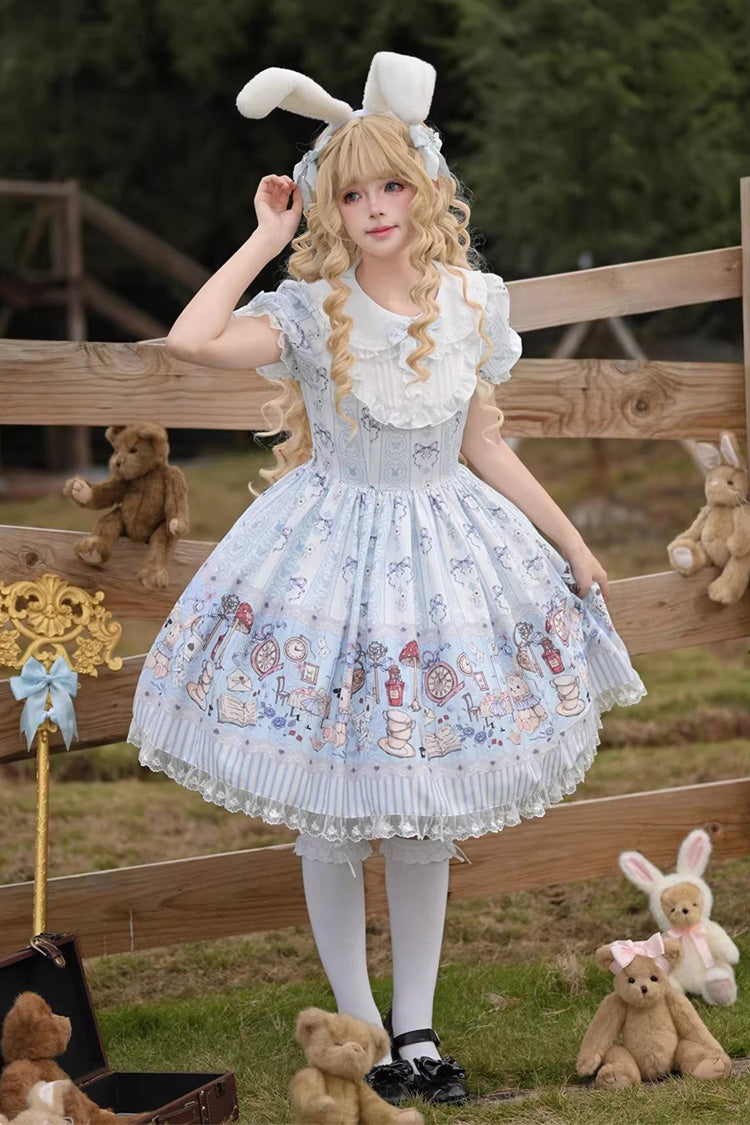 Gothic Lolita Dress - Alice’s Fantasy Tale, Blue, Bow Detail, Printed, Sweet Style - main product image