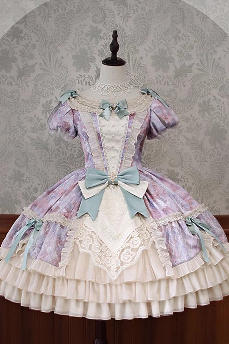 Gothic Lolita Dress - Angel Heart Sky Oil Painting, 3 Colors, Ruffled, Printed - XS Purple/Green / S Purple/Green / M Purple/Green option