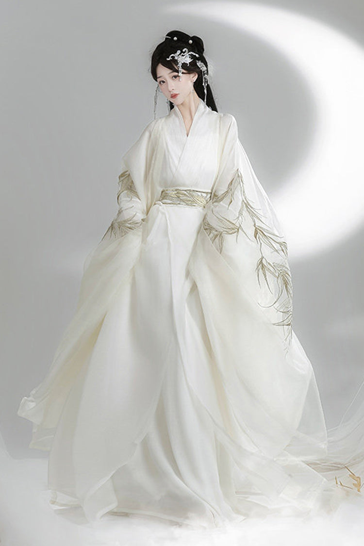 Gothic Lolita Dress - Bamboo Leaves, White, High Waist, Women's Style, Embroidered - main product image
